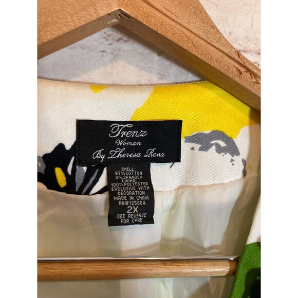 Trenz by Theresa Renz Blazer Jacket Womens 2X Yellow & Green Open Front Floral - Picture 3 of 12